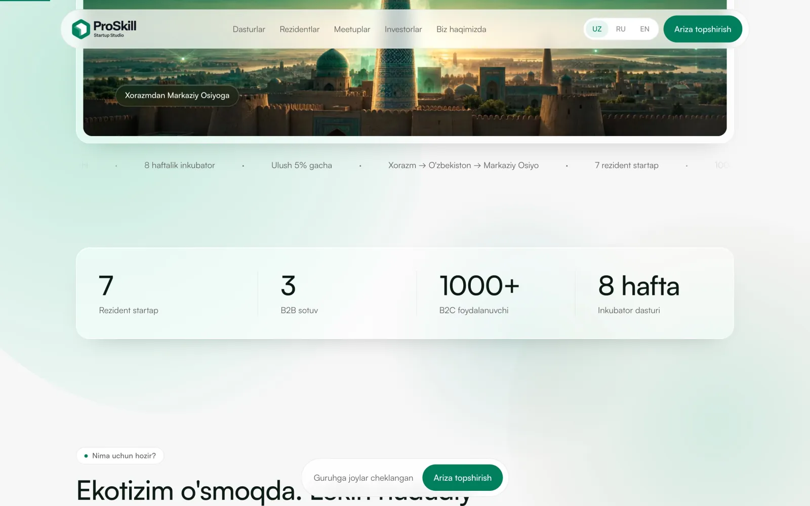 ProSkill Startup Studio — loyiha ekrani